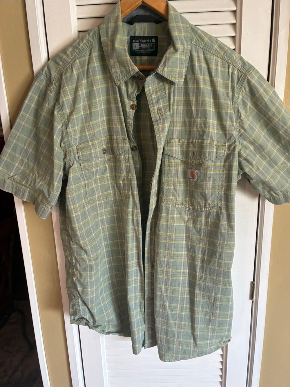 Carhartt Short-Sleeve Plaid Button-Down Shirt in Light Green and Yellow